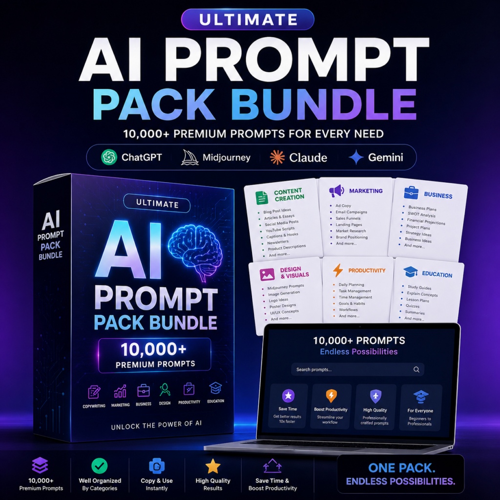 Digital AI Prompt Pack Bundle featuring thousands of professional prompts for ChatGPT, Midjourney, content creation, marketing, business growth, and productivity.