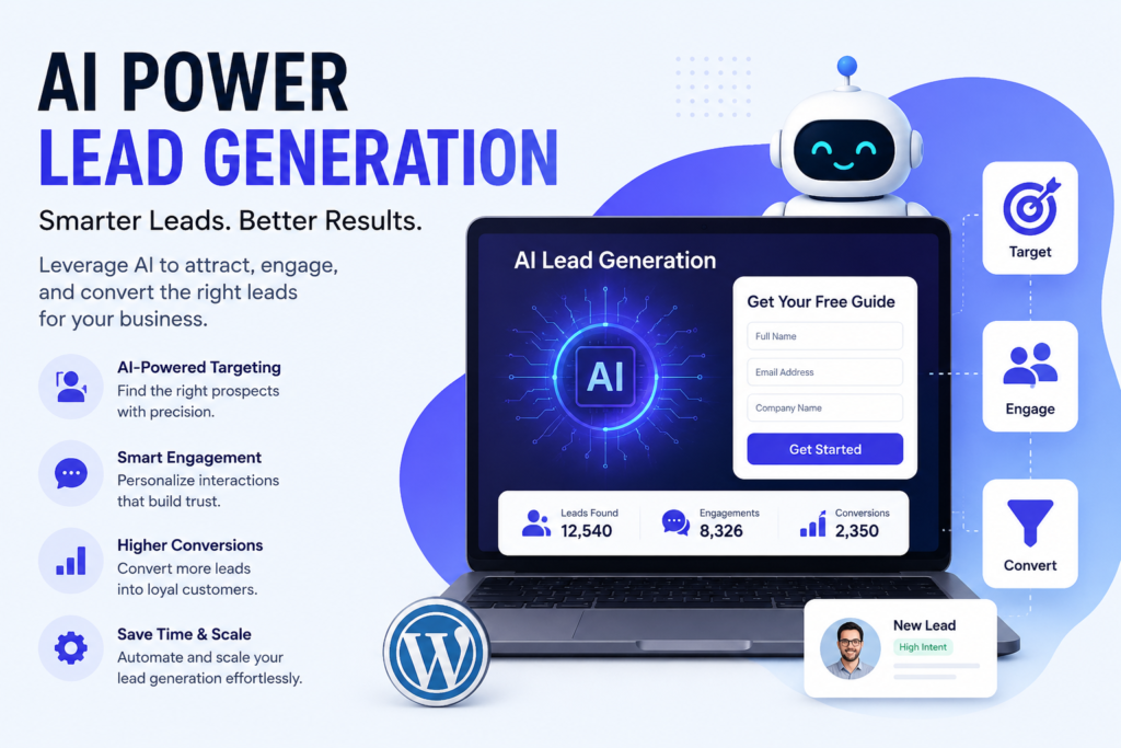 AI-powered lead generation system with chatbot, lead capture form, customer targeting, engagement tracking, and conversion analytics dashboard.