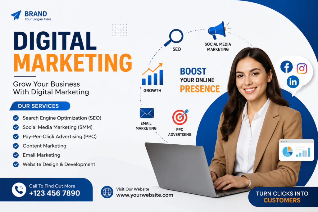 Professional digital marketing banner featuring a businesswoman working on a laptop with SEO, social media marketing, PPC advertising, email marketing, and business growth icons.