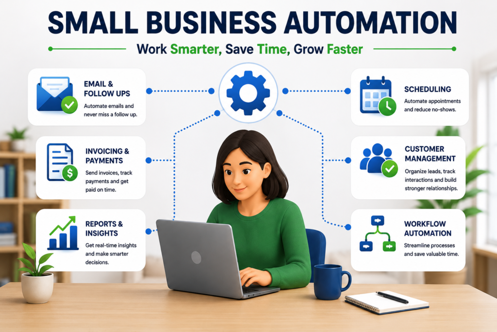 Professional digital marketing banner featuring a businesswoman working on a laptop with SEO, social media marketing, PPC advertising, email marketing, and business growth icons.