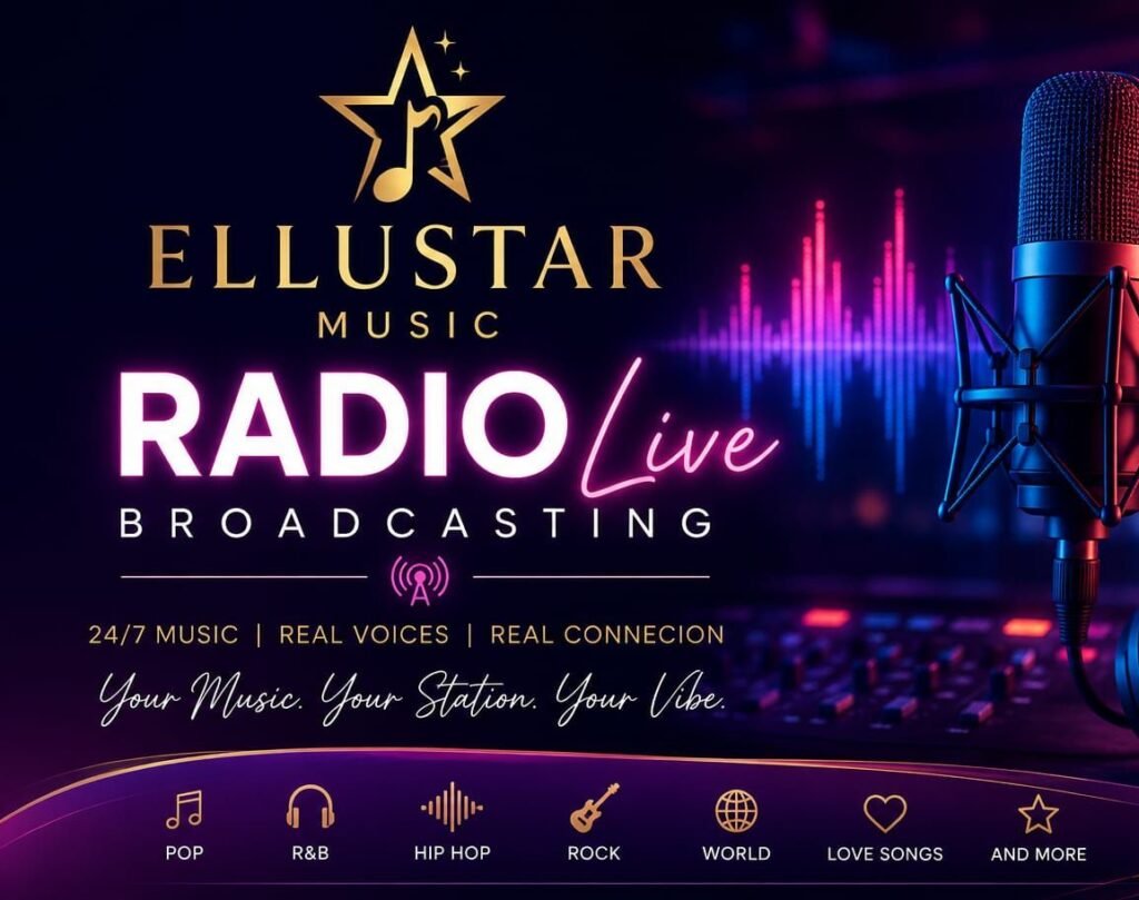 Ellustar Music Radio Live Broadcasting promotional banner featuring a studio microphone, headphones, ON AIR sign, and 24/7 online music streaming on Tunio.ai.