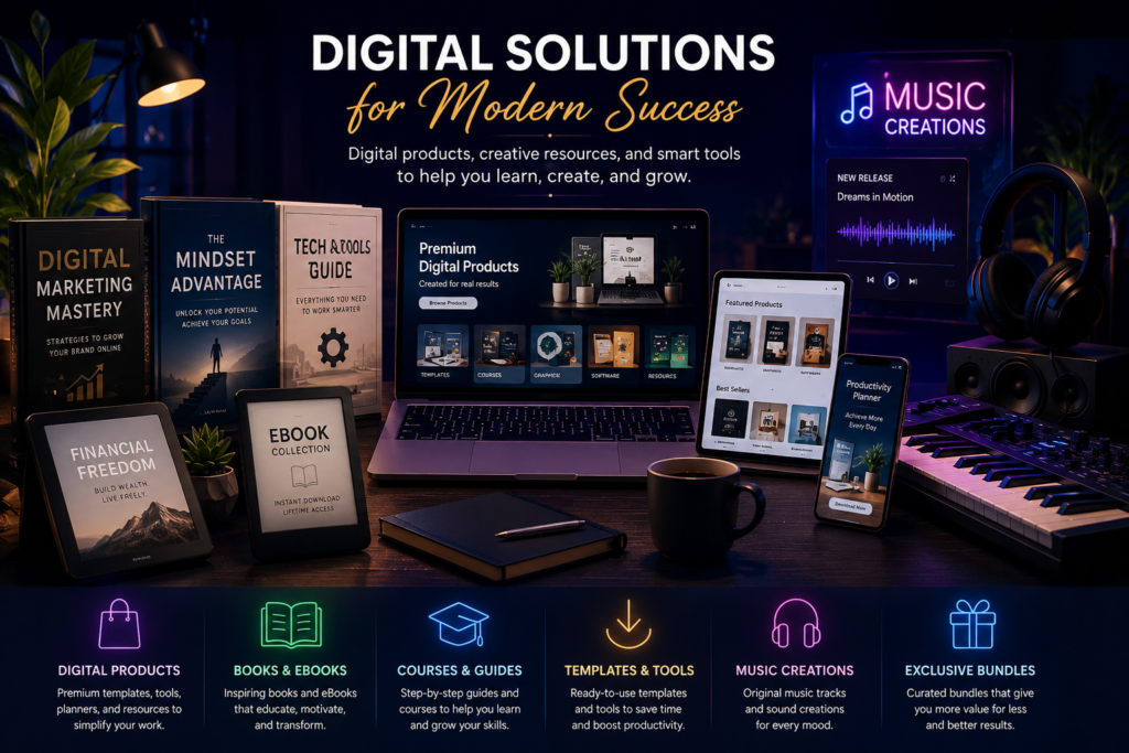 Digital products, books, eBooks, courses, tools, templates, and music creations displayed across modern digital devices in a professional workspace.