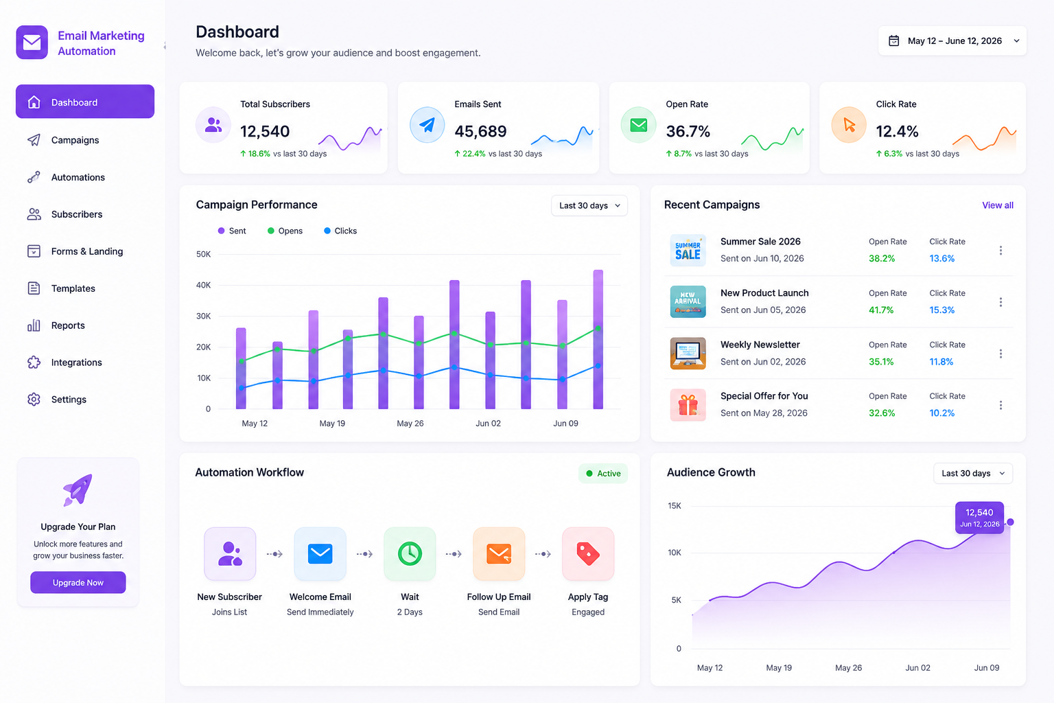 Email marketing automation dashboard showing campaign performance, audience growth, and automated email workflows.