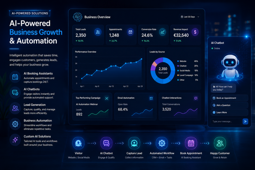 AI automation dashboard helping businesses improve marketing, customer engagement, lead generation and workflow automation.