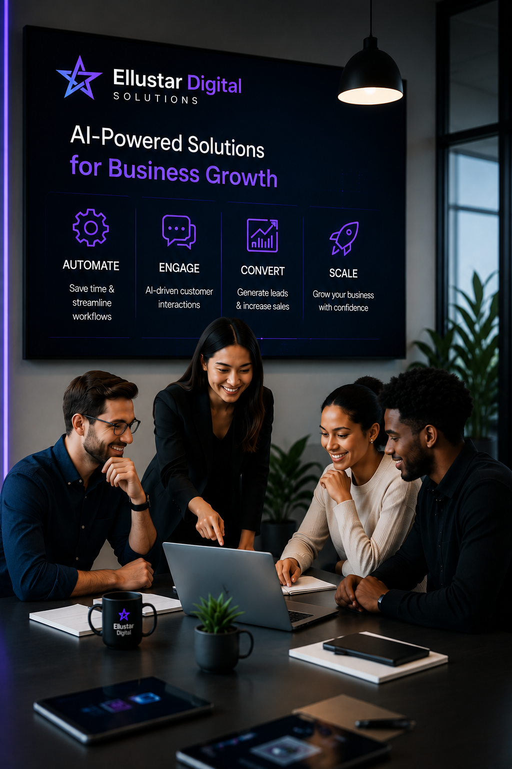 Professional business team collaborating around a laptop while exploring AI-powered solutions for automation, lead generation, customer engagement, and business growth.