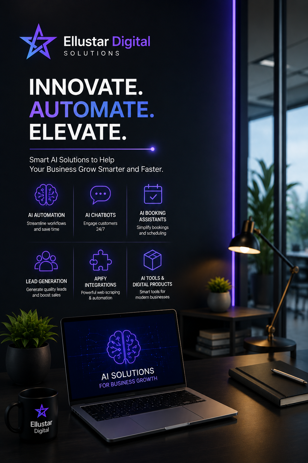 Professional AI-powered workspace showcasing Ellustar Digital Solutions with AI automation, AI chatbots, AI booking assistants, lead generation, Apify integrations, AI tools, and digital products.