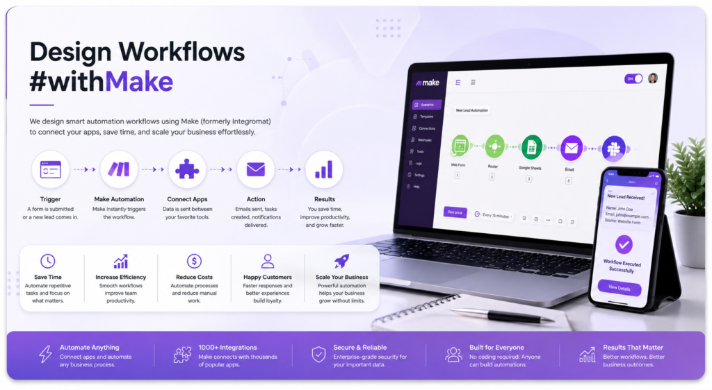 AI-powered business automation workflow showing connected apps, digital processes, and productivity tools.