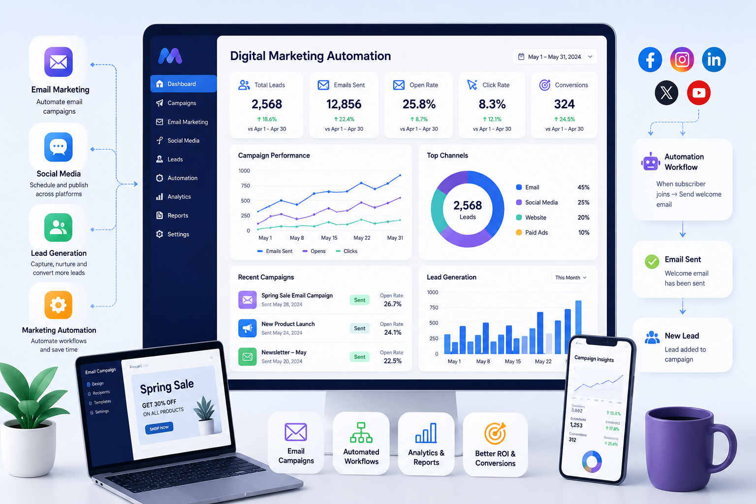 Digital marketing automation dashboard displaying campaign analytics, email marketing, lead tracking, and performance metrics.