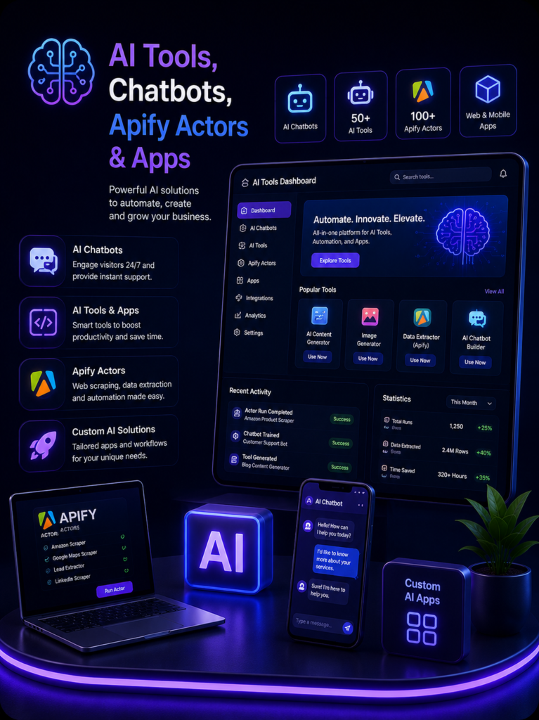 AI tools, chatbots, Apify actors, automation solutions, and custom business applications for productivity and growth.