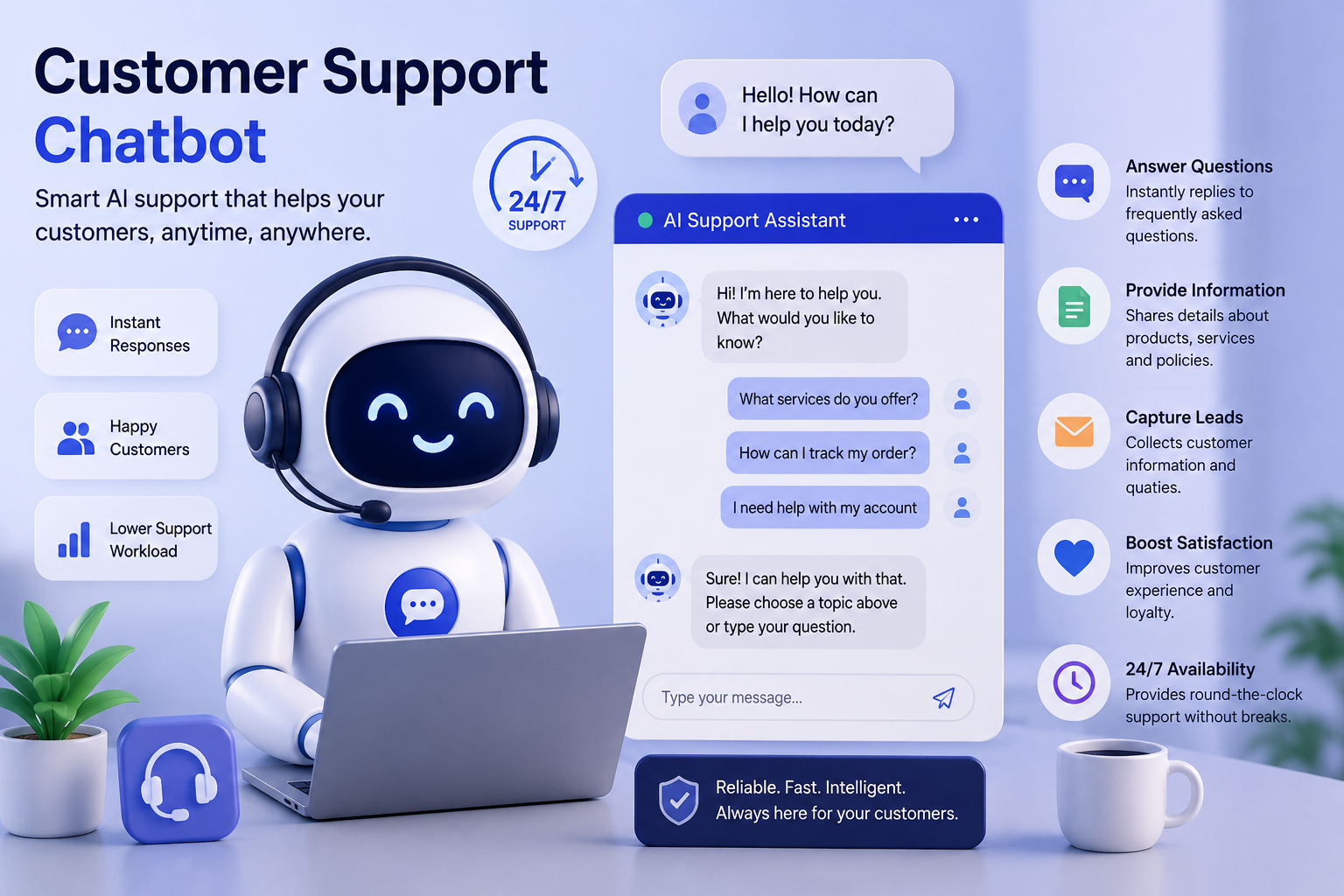 AI customer support chatbot providing automated assistance, answering questions, and improving customer engagement.