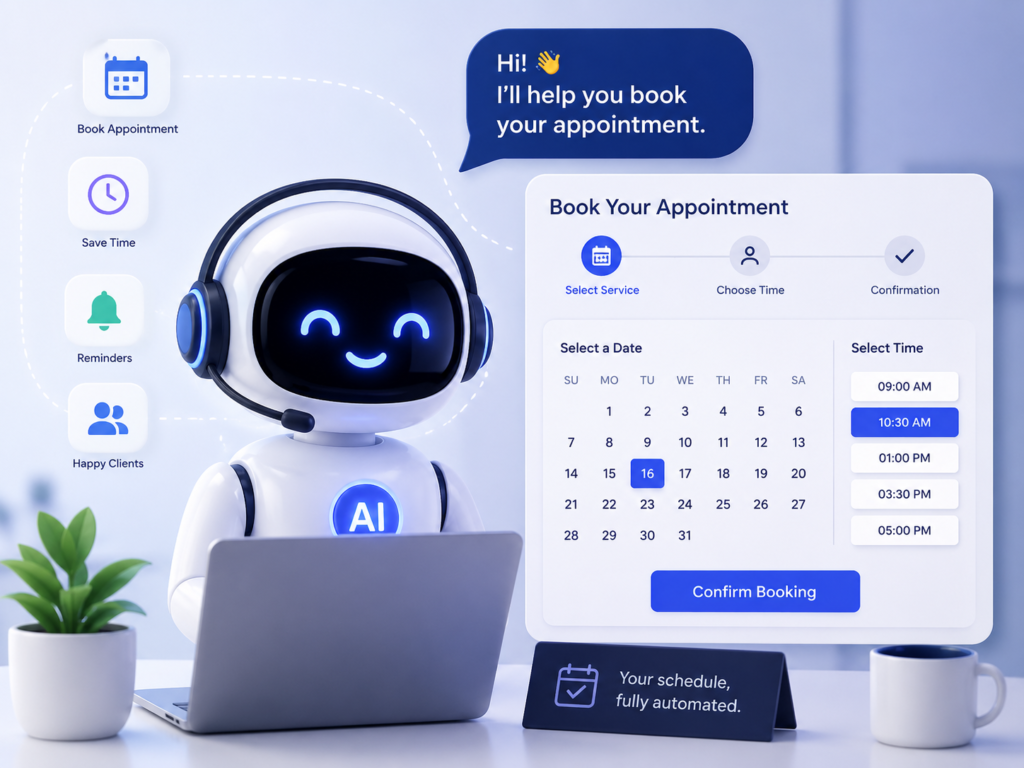 AI booking assistant helping customers schedule appointments through an intelligent automated booking system.